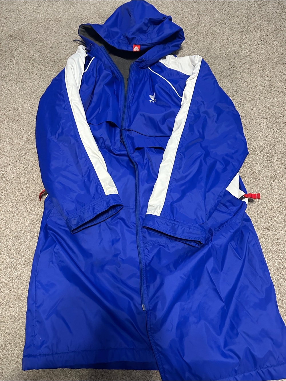 TYR unisex Blue Hooded Swim coat with White Stripes